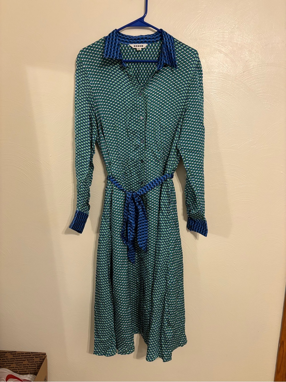 Boden Green and Blue Long Sleeve Shirt Dress